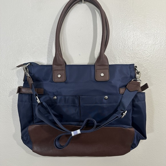 Signature Handbags - Signature Diaper Bag Messenger Canvas Blue/ Brown Baby Tote Travel Organizer